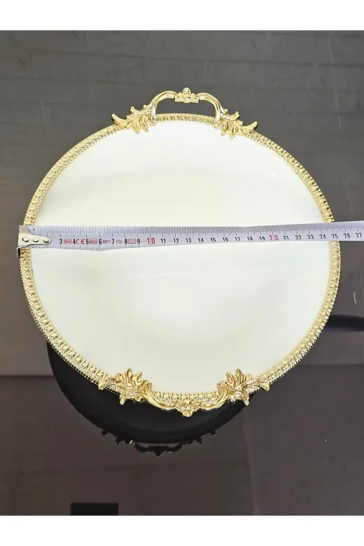 atabey home çerçeveliseriyuvarlak Porselen Sade Yuvarlak 2'li Servis Tabaği Srti-Sunumluk Döküm Gold Çerçeve Ve Döküm Ayakli 20+25Cm
