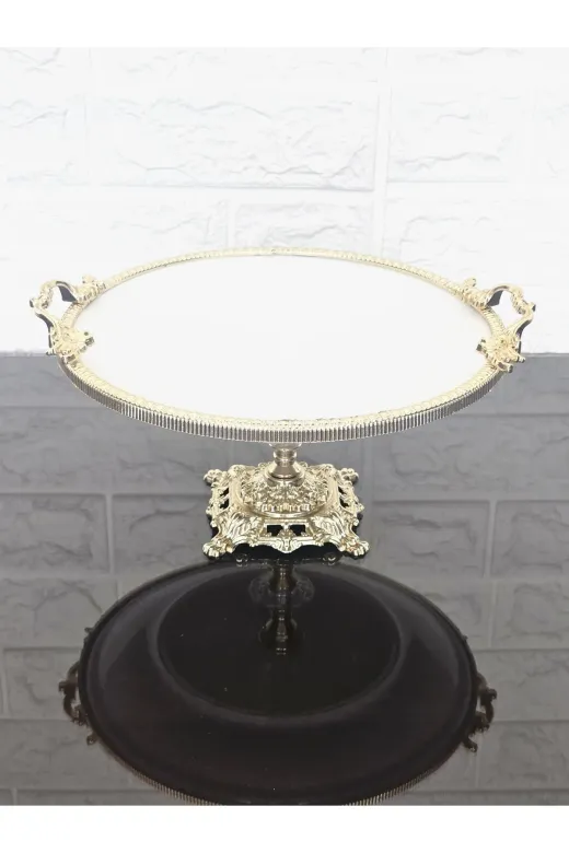 atabey home çerçeveliseriyuvarlak Porselen Sade Yuvarlak Servis Tabaği-Sunumluk Döküm Gold Çerçeve Ve Döküm Ayakli 25 Cm