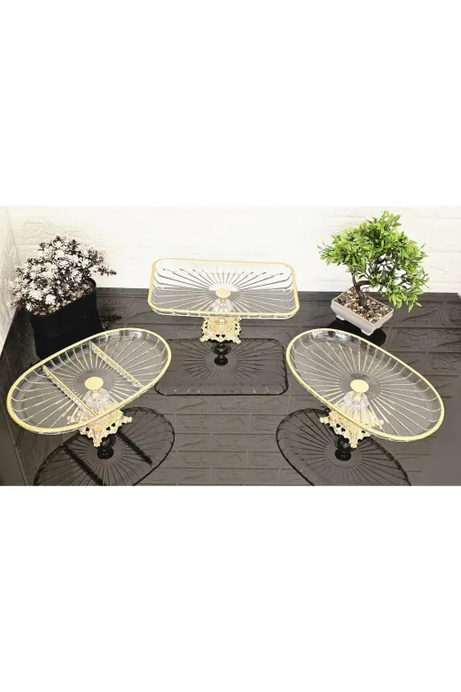 atabey home collection ATABEYÇEYİZSETİ1 3 Parça Çeyiz Seti & Sunumluk Gold Servis Tabağı Seti Çizgili & Gold Döküm Ayaklı Set & Servis Seti