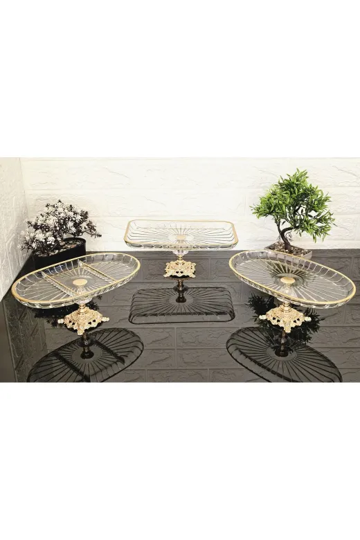 atabey home collection ATABEYÇEYİZSETİ1 3 Parça Çeyiz Seti & Sunumluk Gold Servis Tabağı Seti Çizgili & Gold Döküm Ayaklı Set & Servis Seti