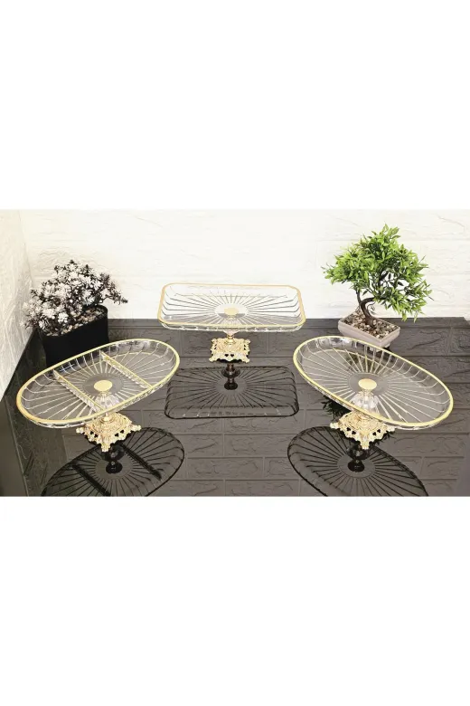atabey home collection ATABEYÇEYİZSETİ1 3 Parça Çeyiz Seti & Sunumluk Gold Servis Tabağı Seti Çizgili & Gold Döküm Ayaklı Set & Servis Seti