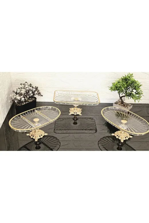 atabey home collection ATABEYÇEYİZSETİ1 3 Parça Çeyiz Seti & Sunumluk Gold Servis Tabağı Seti Çizgili & Gold Döküm Ayaklı Set & Servis Seti