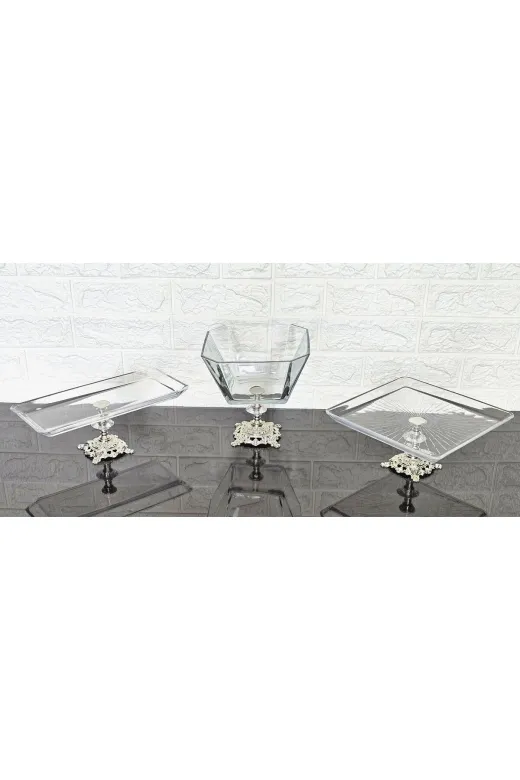atabey home collection ATABEYÇEYİZSETİ1 3'lü Gümüş Çeyiz Seti & Sunum Seti & Kurabiyelik & Meyvelik & Pasta Servisi