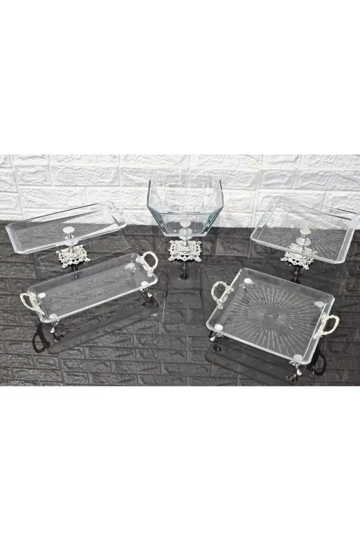 atabey home collection ATABEYÇEYİZSETİ1 5 Parça Gümüş Döküm Ayaklı Ve Kulplu Sunumluk & Çeyiz Set |Pasta–Kurabiye–Tatlı–Servis Tabağı-Kase