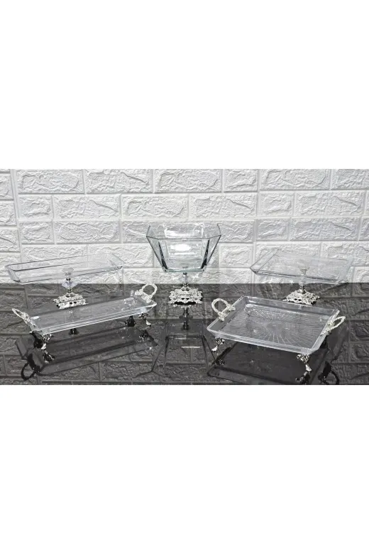 atabey home collection ATABEYÇEYİZSETİ1 5 Parça Gümüş Döküm Ayaklı Ve Kulplu Sunumluk & Çeyiz Set |Pasta–Kurabiye–Tatlı–Servis Tabağı-Kase