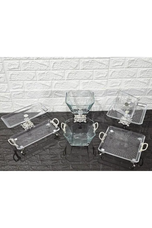 atabey home collection ATABEYÇEYİZSETİ1 7 Parça Gümüş Döküm Ayaklı Ve Kulplu Sunumluk & Çeyiz Set |Pasta–Kurabiye–Tatlı–Servis Tabağı-Kase