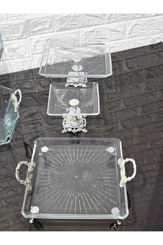 atabey home collection ATABEYÇEYİZSETİ1 7 Parça Gümüş Döküm Ayaklı Ve Kulplu Sunumluk & Çeyiz Set |Pasta–Kurabiye–Tatlı–Servis Tabağı-Kase