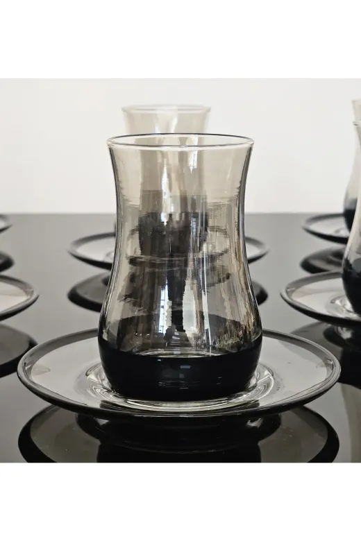 atabey home collection EVASİYAH 12 Parça Cam Füme Siyah Eva Çay Seti-Çay Bardaği Takimi