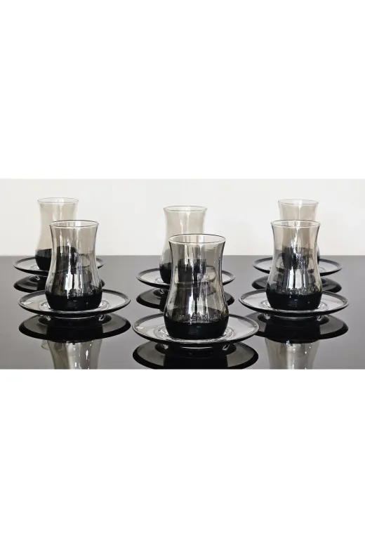 atabey home collection EVASİYAH 12 Parça Cam Füme Siyah Eva Çay Seti-Çay Bardaği Takimi