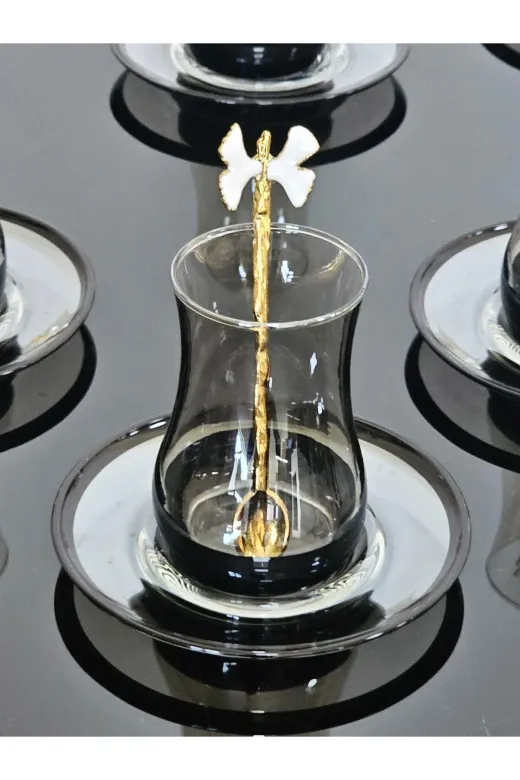 atabey home collection EVASİYAH 18 Parça Cam Füme Siyah Eva Çay Seti Beyaz Kelebek Çay Kaşikli