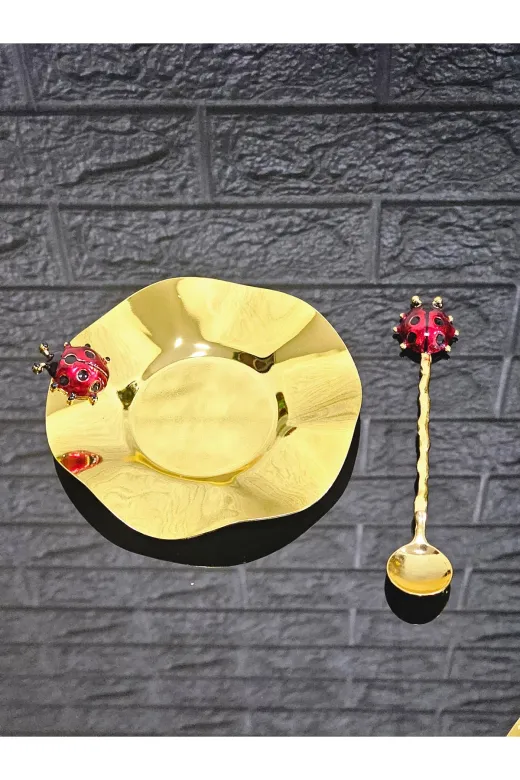 atabey home collection Güllü Altın 6'lı Metal 6 Adet Çay Tabaği Ve 6 Adet Çay Kaşiği Döküm Uğur Böceği̇ Lüks Tabak