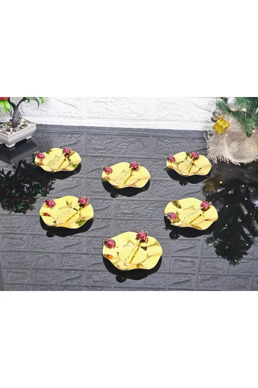 atabey home collection Güllü Altın 6'lı Metal 6 Adet Çay Tabaği Ve 6 Adet Çay Kaşiği Döküm Uğur Böceği̇ Lüks Tabak