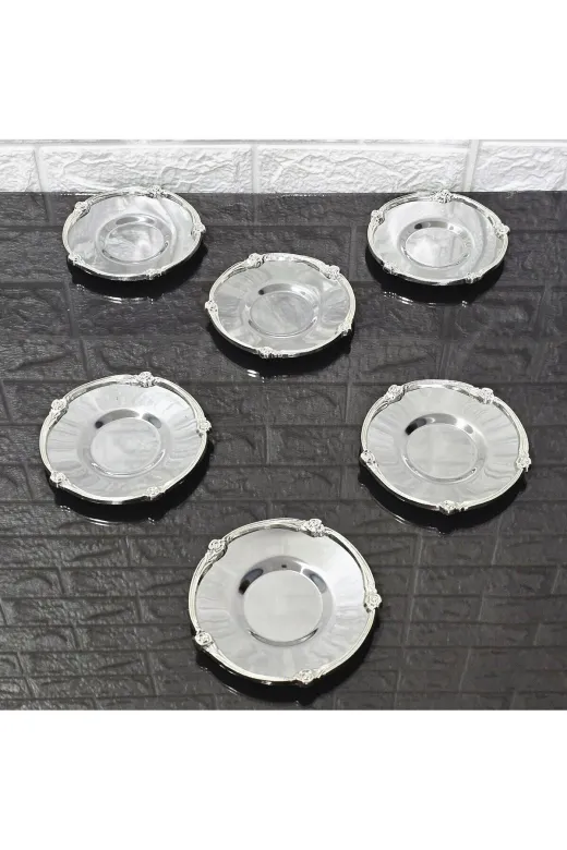 atabey home collection Güllü Altın 6'lı Metal 6'li Çay Tabaği & Döküm Gül Çerçeveli Gümüş-Gümüş 5.5 Cm İç Bardak Çapi - 12 Cm Genel Çap