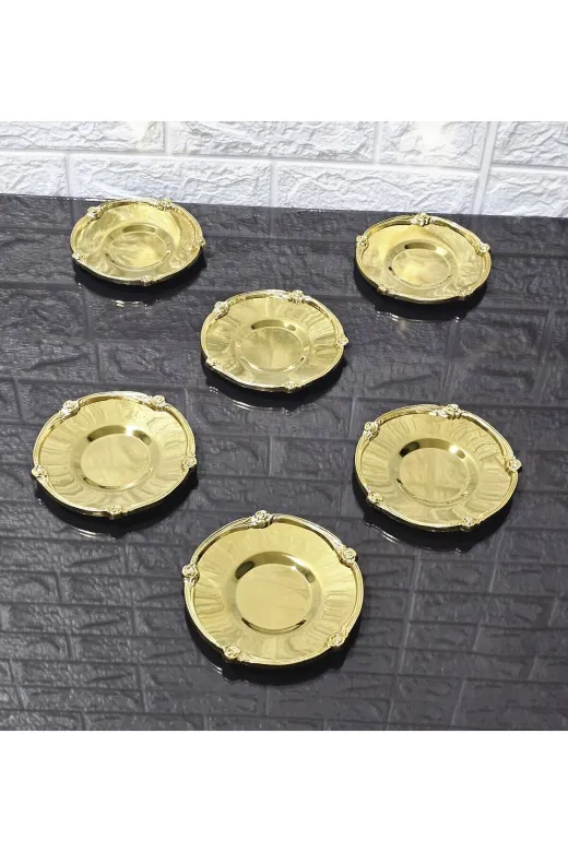 atabey home collection Güllü Altın 6'lı Metal 6'li Çay Tabaği & Döküm Gül Çerçeveli Gold-Gold 5.5 Cm İç Bardak Çapi - 12 Cm Genel Çap