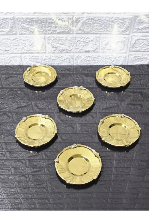 atabey home collection Güllü Altın 6'lı Metal 6'li Çay Tabaği & Döküm Gül Çerçeveli Gold-Gold 5.5 Cm İç Bardak Çapi - 12 Cm Genel Çap