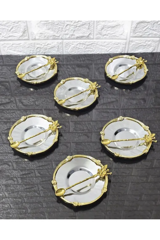 atabey home collection Güllü Altın 6'lı Metal 6'li Çay Tabaği & Döküm Gül Çerçeveli Ve Kaşikli 5.5 Cm İç Bardak Çapi