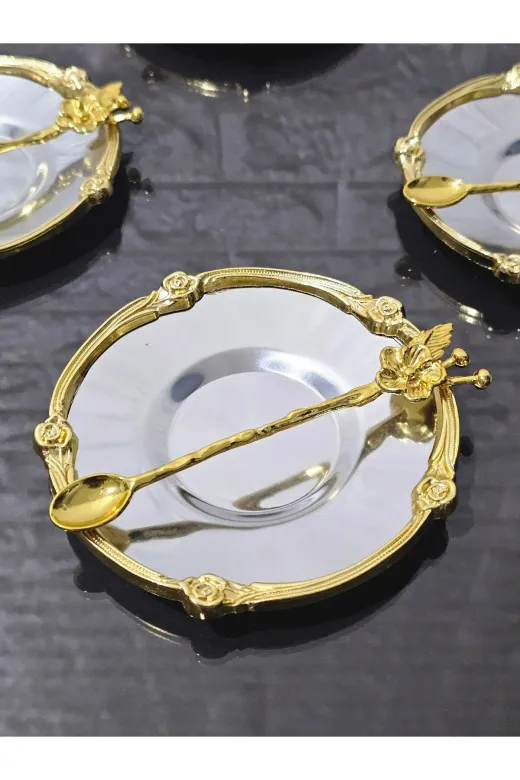 atabey home collection Güllü Altın 6'lı Metal 6'li Çay Tabaği & Döküm Gül Çerçeveli Ve Kaşikli 5.5 Cm İç Bardak Çapi