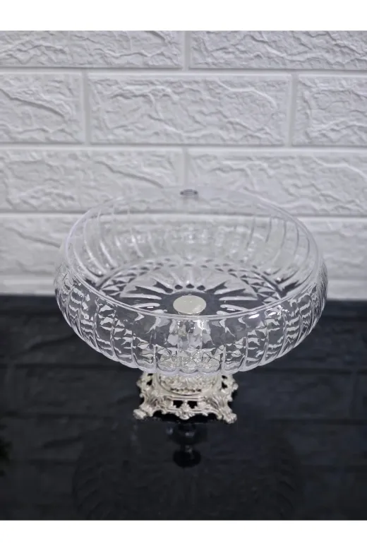 atabey home collection Kesmegold Lotus Kristal 24 Cm Kare Kesme Dekor Gümüş Ayak Linea Salata Kasesi