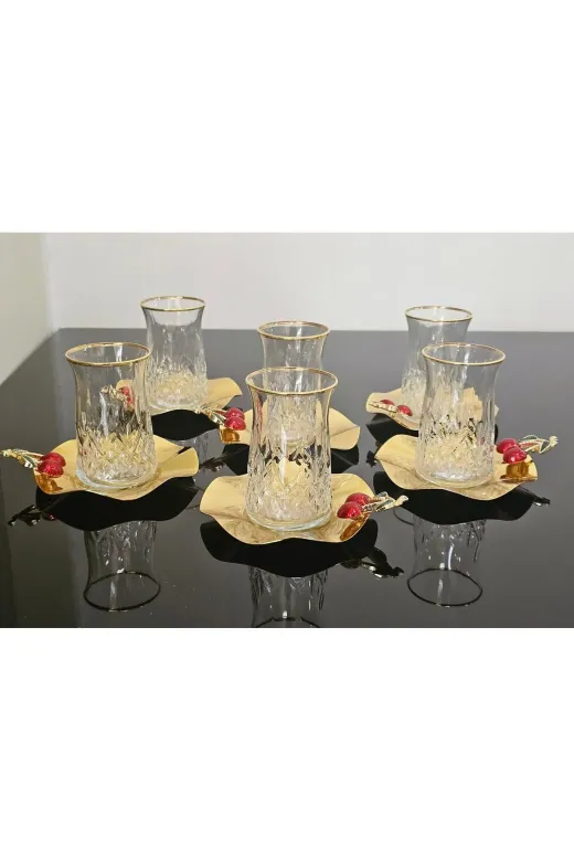 atabey home collection KİRAZÇAYSET 6'lı Gerçek Altin Yazdizli Kiraz Dökümlü Metal Tabakli Çay Seti