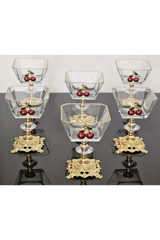 atabey home collection KRNKİRAZATABEY 6'li Kirazli Döküm Ayakli Magnolia Dondurmalik & Kase & Sunumluk Cup