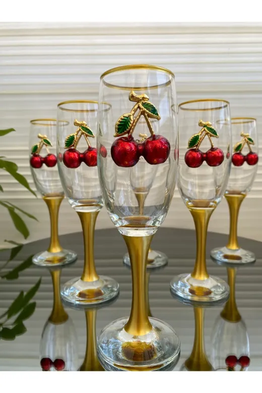 atabey home collection miss535kiraz 2 Adet Kirazli Kahve Yani Su Bardaği & Meşrubat Bardaği & Gold Detayli 190Cc