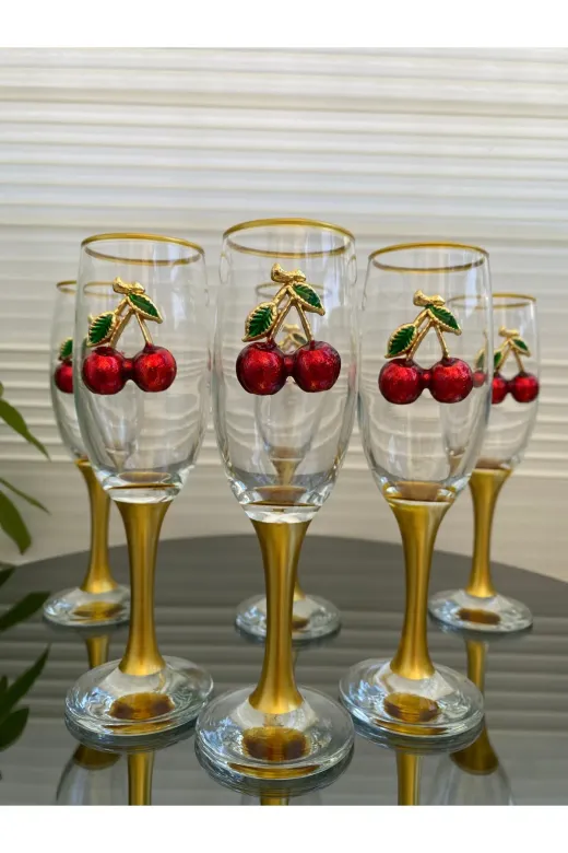 atabey home collection miss535kiraz 2 Adet Kirazli Kahve Yani Su Bardaği & Meşrubat Bardaği & Gold Detayli 190Cc