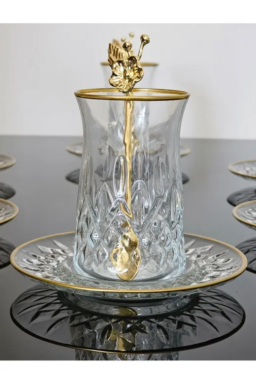 atabey home collection ODİNATABEYHOME 18 Parça Odin Çay Seti Japon Gülü Çay Kaşikli Cam Tabakli Gold Detayli
