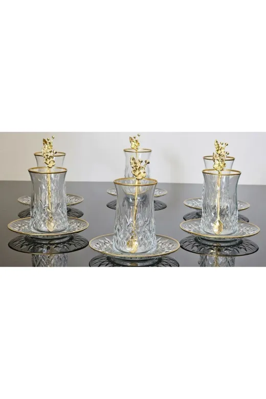 atabey home collection ODİNATABEYHOME 18 Parça Odin Çay Seti Japon Gülü Çay Kaşikli Cam Tabakli Gold Detayli