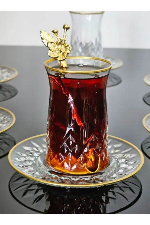 atabey home collection ODİNATABEYHOME 18 Parça Odin Çay Seti Japon Gülü Çay Kaşikli Cam Tabakli Gold Detayli