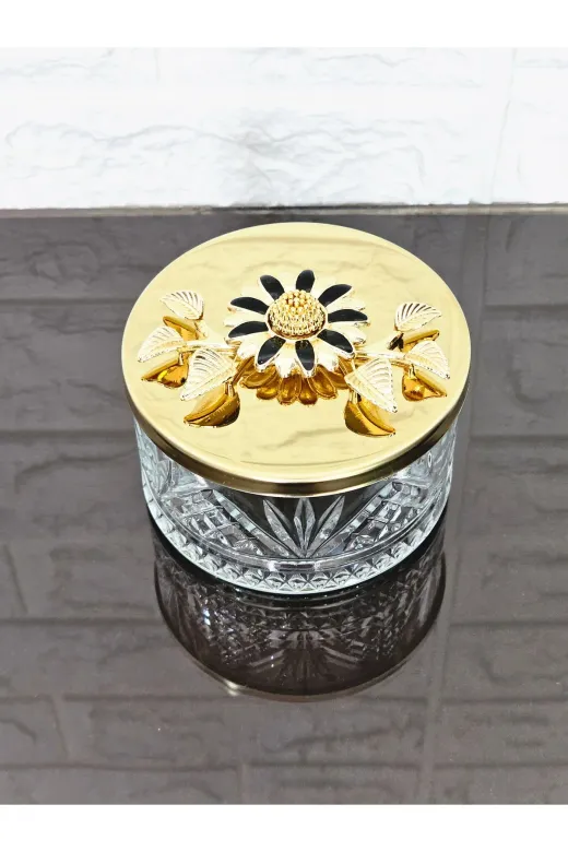 atabey home collection ŞEKERLİKAPAKLISERİ Şekerlik 1 Adet Gold Kapakli Siyah Papatya Çerezlik & Sunumluk