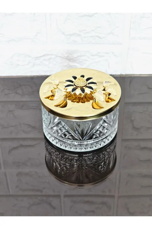 atabey home collection ŞEKERLİKAPAKLISERİ Şekerlik 1 Adet Gold Kapakli Siyah Papatya Çerezlik & Sunumluk