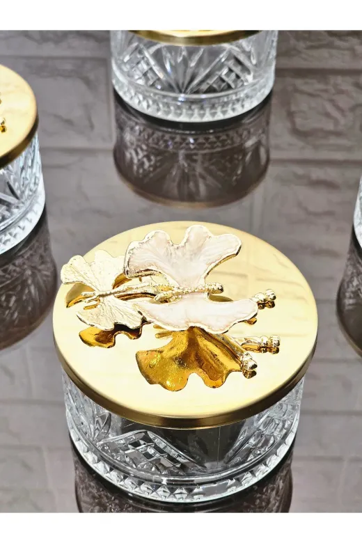 atabey home collection ŞEKERLİKAPAKLISERİ Şekerlik 1 Adet Gold Kapakli Krem Kelebek Çerezlik & Sunumluk
