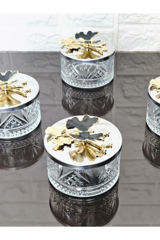 atabey home collection ŞEKERLİKAPAKLISERİ Şekerlik 6 Adet Gümüş Kapakli Siyah Kelebek Çerezlik & Sunumluk