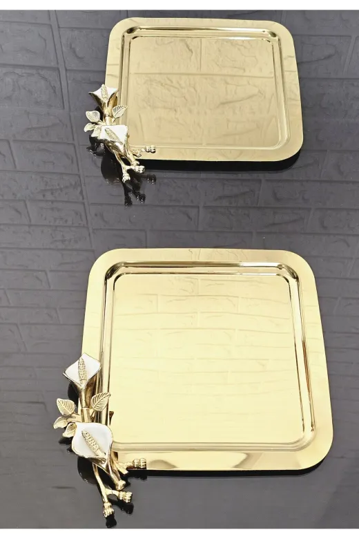 atabey home collection TYC2931DE6E1AC53F1 2 Adet Gold Kahve & Çay & Sunum Tepsisi Döküm Beyaz Lale