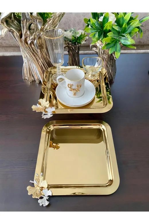 atabey home collection TYC2931DE6E1AC53F1 2 Adet Kahve & Çay & Sunum Tepsisi Gold Tepsi Kelebek Dökümlü