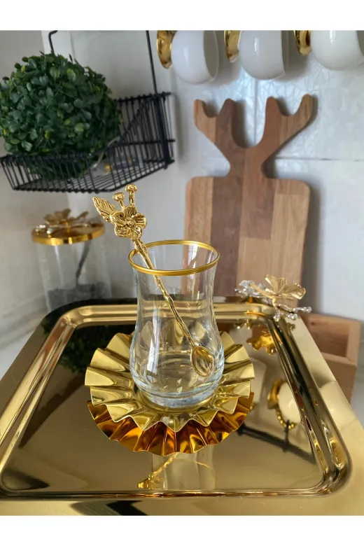 atabey home collection TYC2931DE6E1AC53F1 2 Adet Kahve & Çay & Sunum Tepsisi Gold Tepsi Kelebek Dökümlü