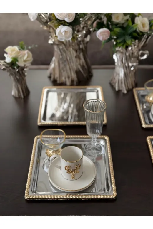 atabey home collection TYC2931DE6E1AC53F1 2 Adet Kahve & Çay & Sunum Tepsisi Gümüş Tepsi Döküm Gold Çerçeveli