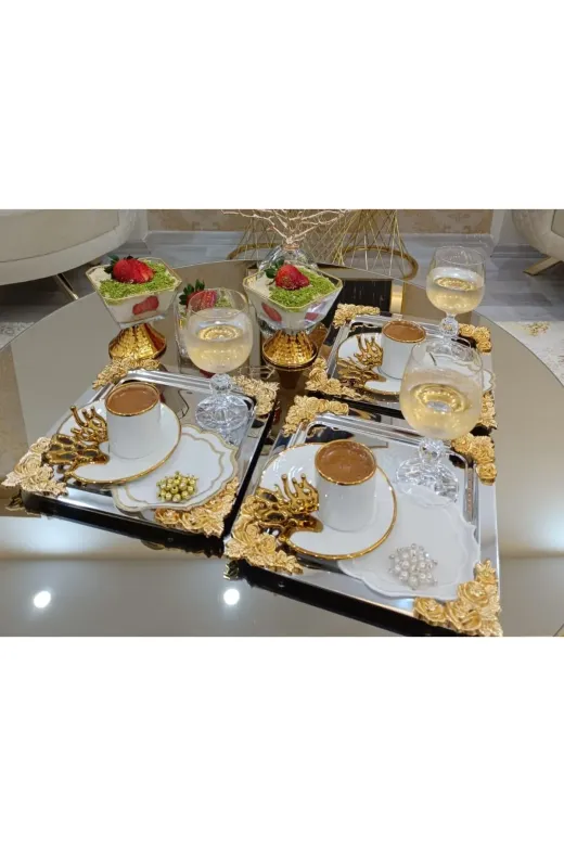 atabey home collection TYC2931DE6E1AC53F1 2 Adet Kahve & Çay & Sunum Tepsisi Metal Döküm Gül Model