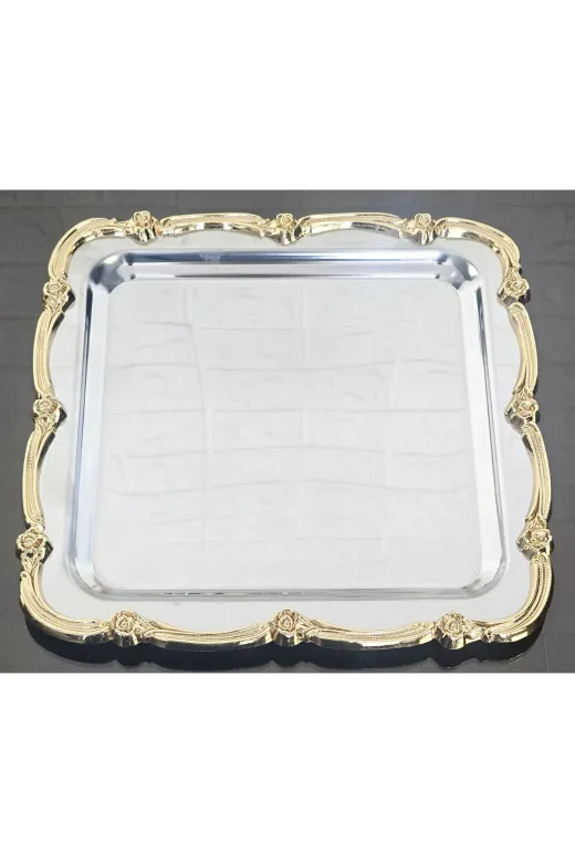 atabey home collection TYC2931DE6E1AC53F1 2 Adet Sunum Tepsisi & Kahve & Çay Tepsisi- Gümüş Tepsi Döküm Gold Gül Çerçeveli