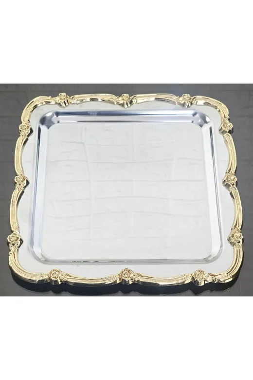atabey home collection TYC2931DE6E1AC53F1 2 Adet Sunum Tepsisi Gül Çerçeve Gold Şerit-Gümüş Tepsi