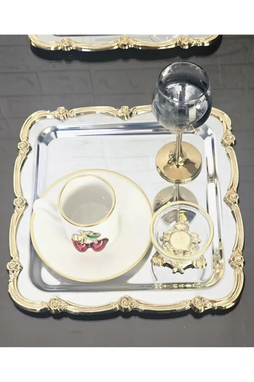 atabey home collection TYC2931DE6E1AC53F1 2 Adet Sunum Tepsisi Gül Çerçeve Gold Şerit-Gümüş Tepsi