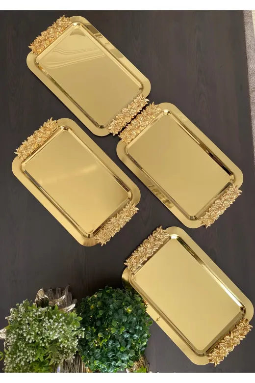 atabey home collection TYC2931DE6E1AC53F1 6 Adet Kahve & Çay & Sunum Tepsisi Uzun Gold Güllü Tepsi? 30 Cm