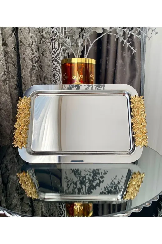 atabey home collection TYC2931DE6E1AC53F1 6'lı Kahve & Çay & Sunum Dikdörtgen Büyük Sunum Tepsisi Çelik Gül Model Gold 30 Cm3