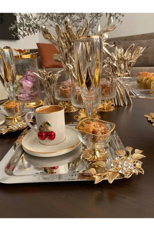 atabey home collection TYC2931DE6E1AC53F1 6'lı Kahve & Çay & Sunum Tepsisi Çelik Gümüş Tepsi Lüx Taşli Model