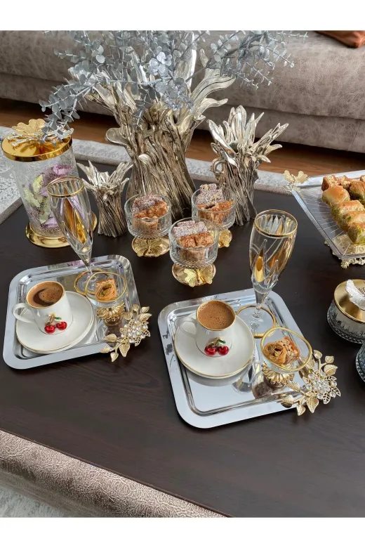 atabey home collection TYC2931DE6E1AC53F1 6'lı Kahve & Çay & Sunum Tepsisi Çelik Gümüş Tepsi Lüx Taşli Model