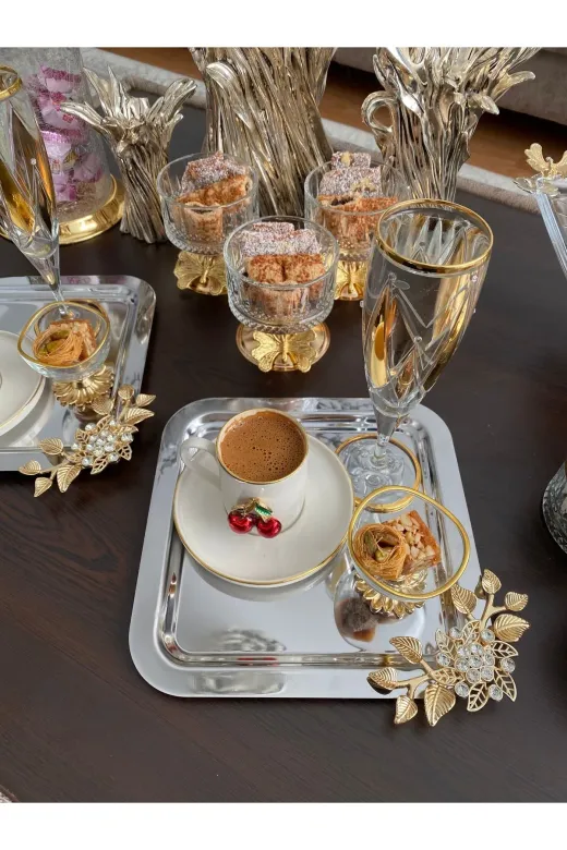 atabey home collection TYC2931DE6E1AC53F1 6'lı Kahve & Çay & Sunum Tepsisi Çelik Gümüş Tepsi Lüx Taşli Model