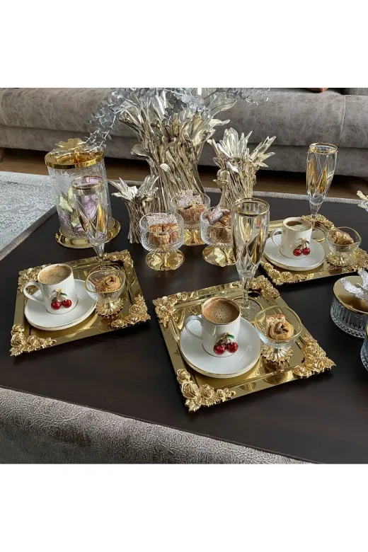 atabey home collection TYC2931DE6E1AC53F1 6'lı Kahve & Çay & Sunum Tepsisi Metal Döküm Gold Tepsi Gül Model