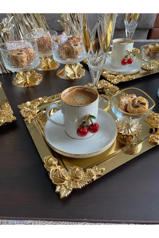 atabey home collection TYC2931DE6E1AC53F1 Tekli 1 Adet Kahve & Çay & Sunum Tepsisi Metal Döküm Kare Gold Tepsi Gül Model