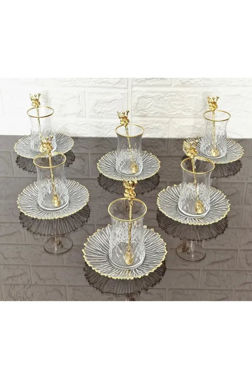 atabey home KAVEHTABAKLISET 18 Parça Çay Seti - 6 Bardak 6 Tabak 6 Japon Gülü Kaşik & Odin Çay Bardakli & Gold Detayli