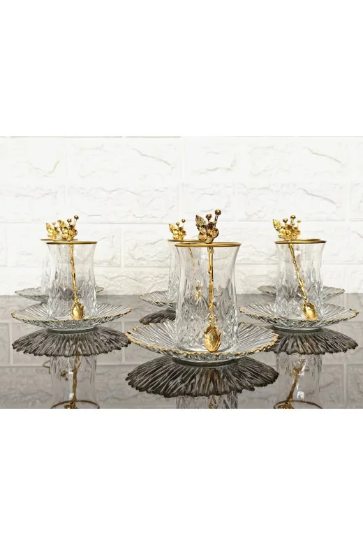 atabey home KAVEHTABAKLISET 18 Parça Çay Seti - 6 Bardak 6 Tabak 6 Japon Gülü Kaşik & Odin Çay Bardakli & Gold Detayli